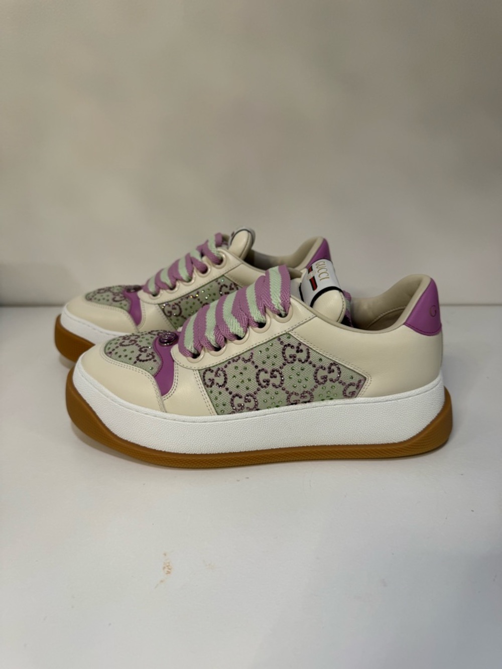 Gucci Cream, Lilac & Light Green Platform Sneakers - Picture 6 of 9
